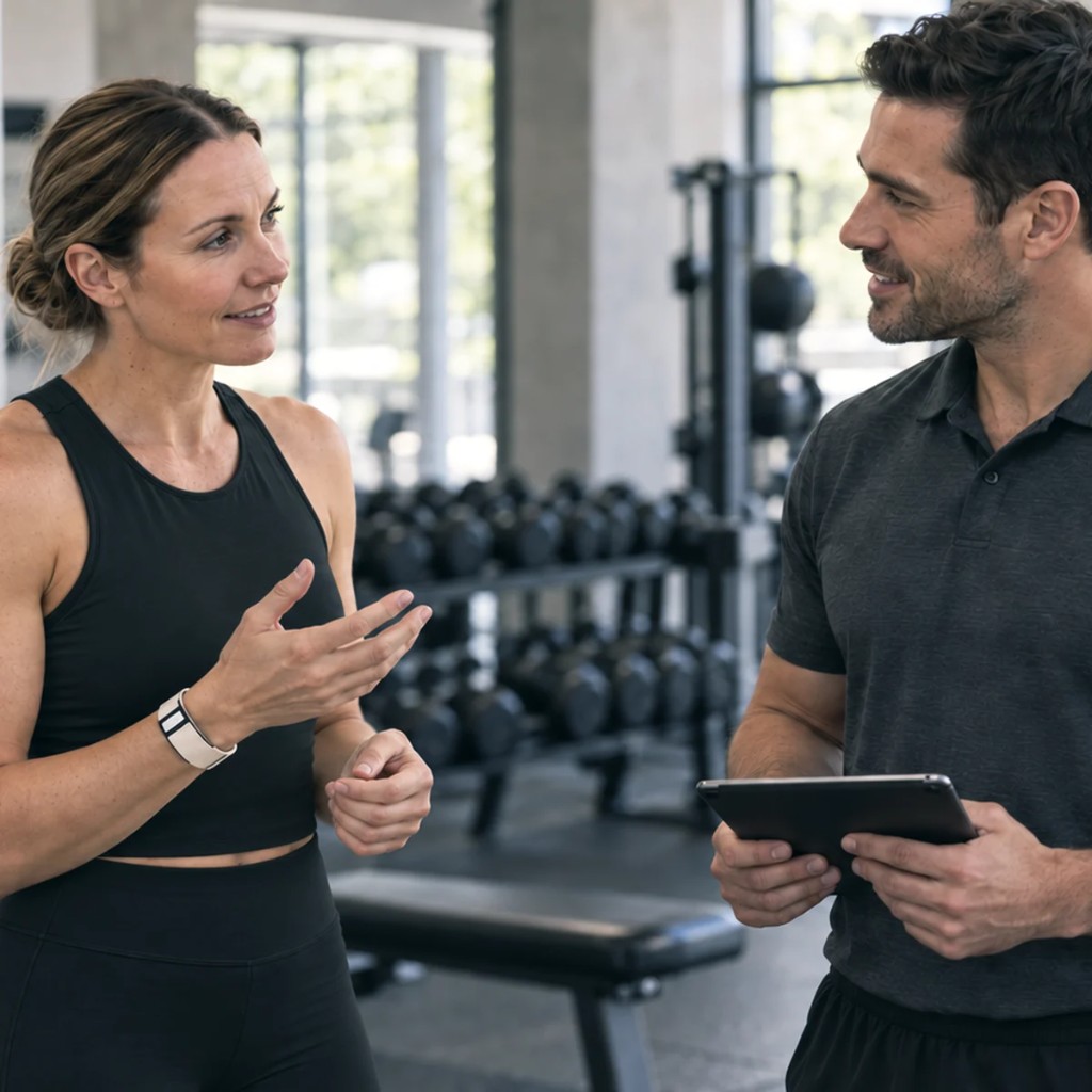 A trainer and a client in a gym, the client wearing a Thrive band